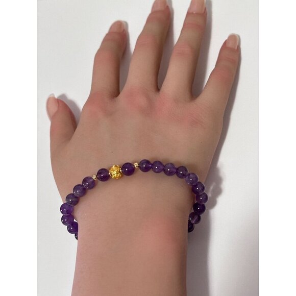 18K Gold Money Ball Bracelet Gemstone February Birthstone Amethyst 6mm Size 6.5" - Picture 5 of 5